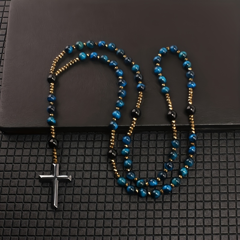 Blue Tiger Eye Cross Pendant Necklace, Unisex